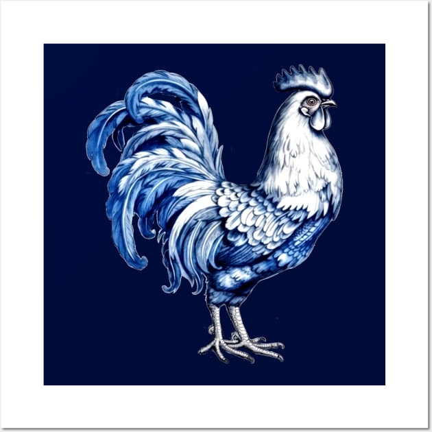 Delft Blue Fancy Rooster Chicken Wall Art by Pixelchicken